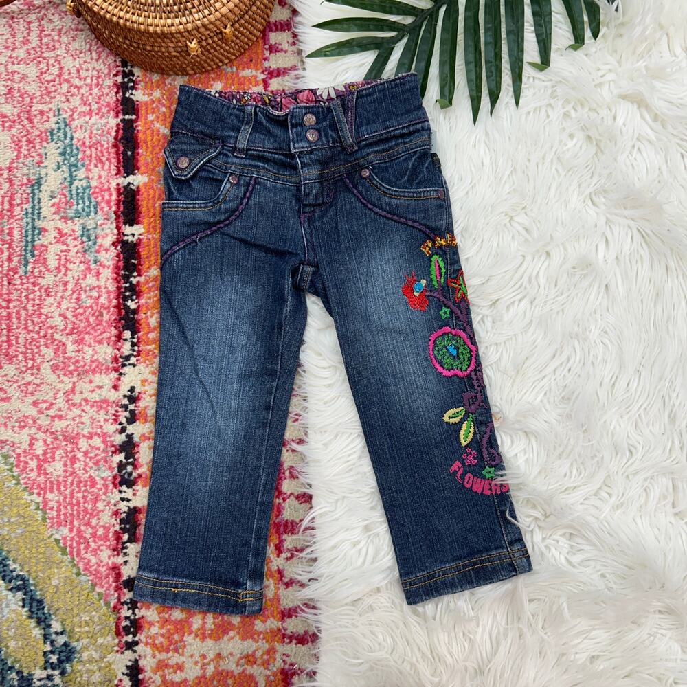 Vintage Y2K 2000s Pampolina Colorful Floral Embroidered Denim Jeans Girls 2T